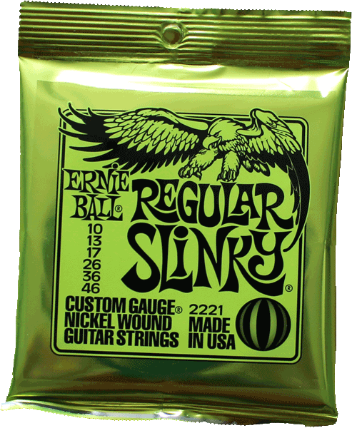 A bright green, unopened package of Ernie Ball Regular Slinky guitar strings.