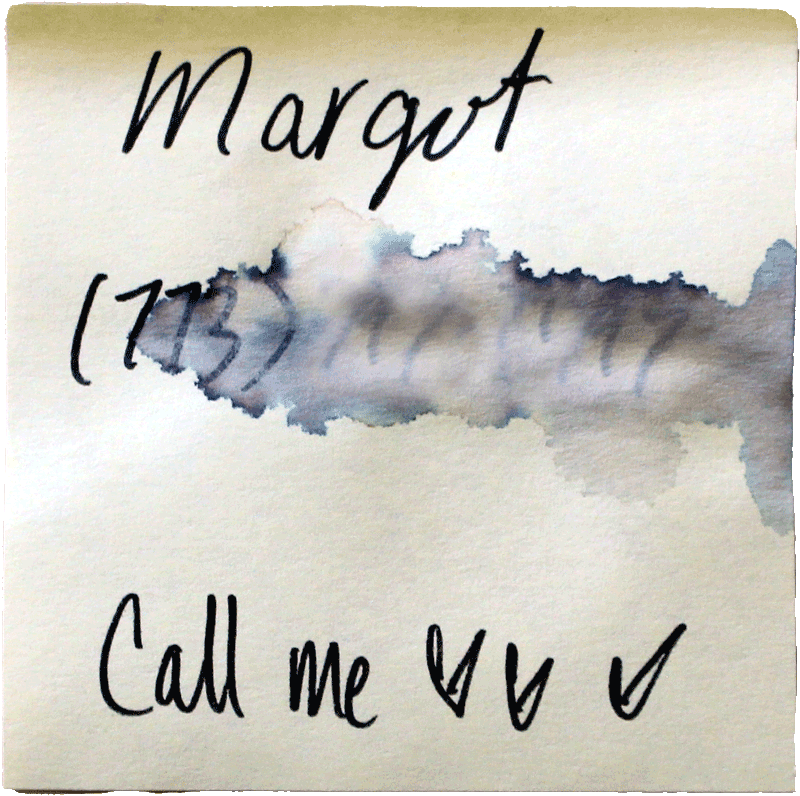 A yellow sticky note that reads 'Margot, Call me' followed by three hand-drawn hearts. A water-stain obscuring the phone number.