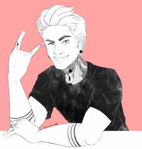 A greyscale drawing of Denver throwing up devil horns against a salmon pink background.