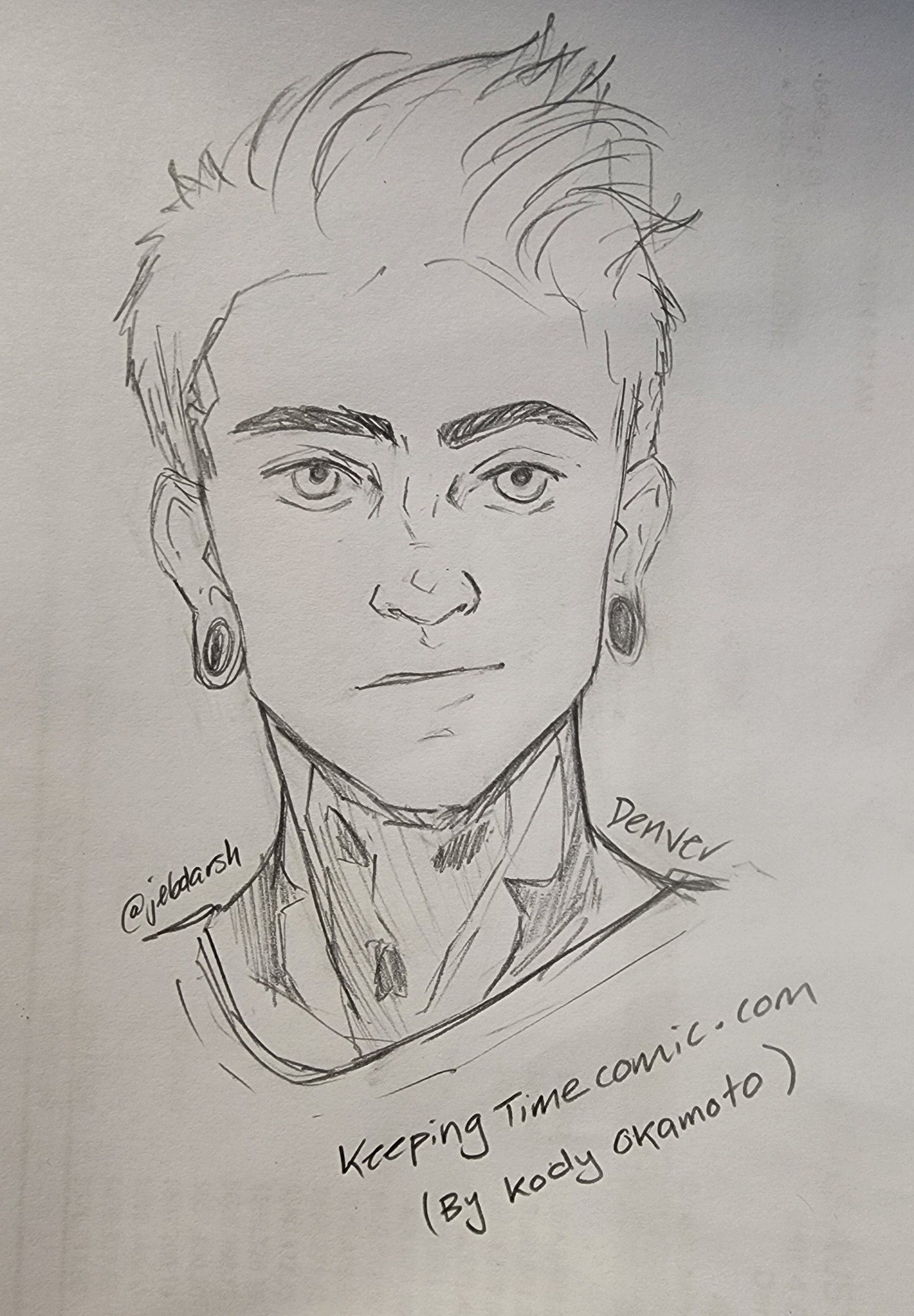 Pencil sketch of Denver from Keeping Time. He has coiffed hair, large gauges and a dog skull tattoo on his neck. He looks confused