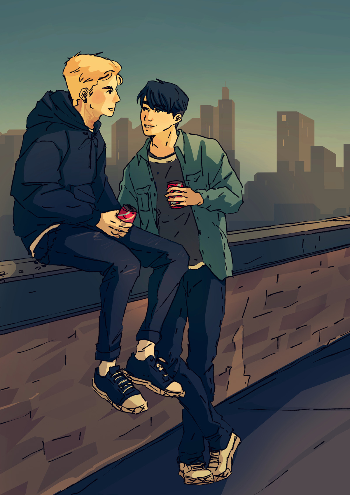 Denver and Daniel hanging out against a low brick wall against a cityscape by Amalas