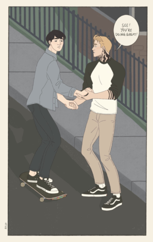 Illustration of two men on a street, one on a skateboard and the other holding his hands saying: “See! You’re doing great!”