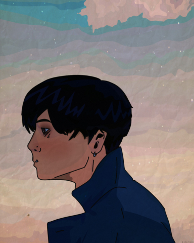 A colored drawing of Daniel in profile against a muted pastel sky.