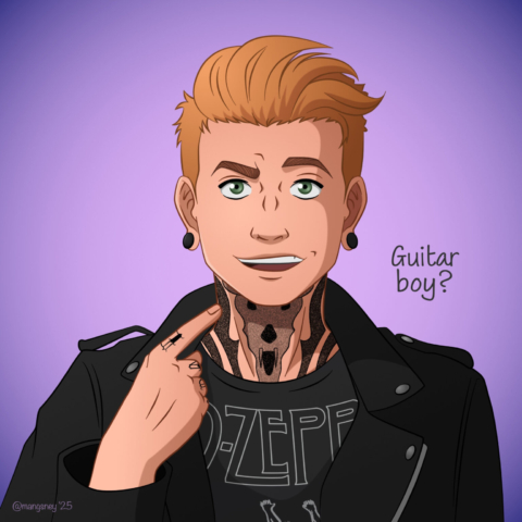 Redraw of a panel from the webcomic Keeping Time: a blond punk with a neck tattoo, wearing a leather jacket over a Led Zeppelin T-shirt, on a purple background. He's pointing at himself, with a slightly bemused expression. There's text over his right shoulder that reads: "Guitar boy?"