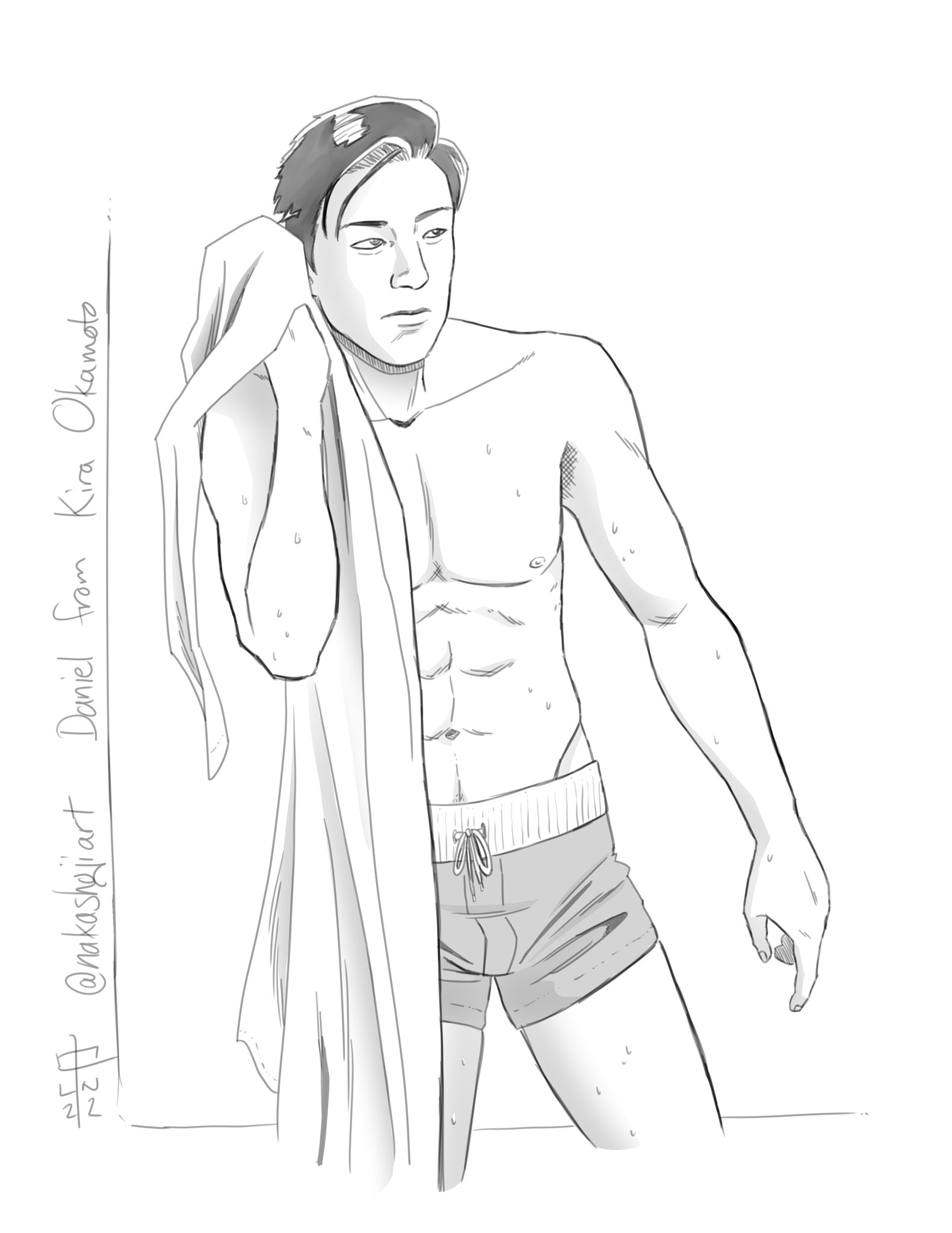 A drawing of Daniel toweling off from a swim.