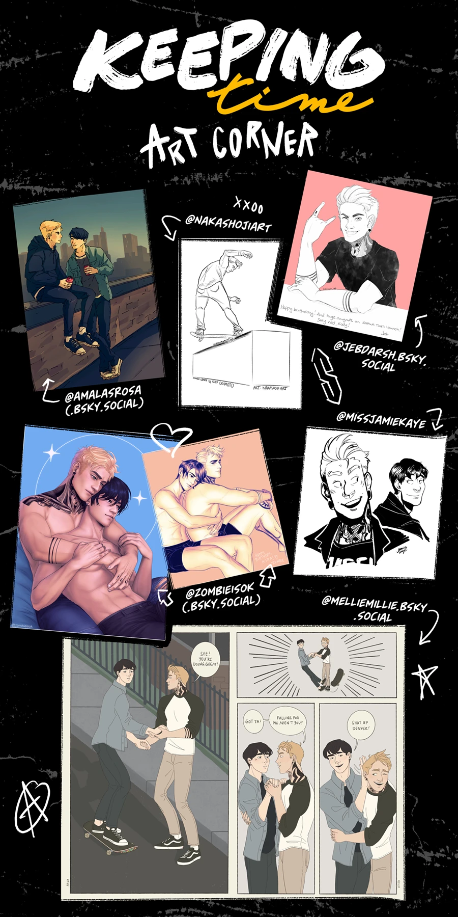 A collection of gift art of the Keeping Time characters, Denver and Daniel as done by a variety of artists