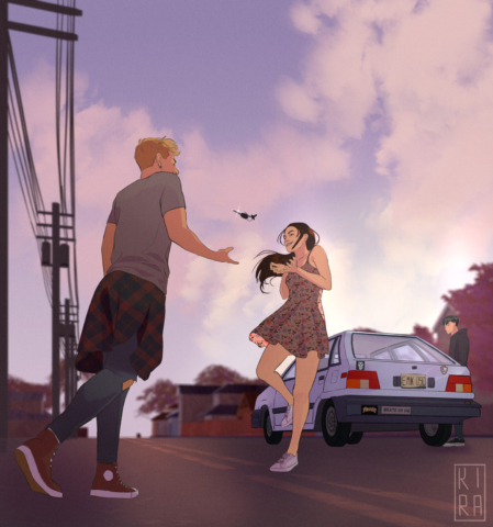 An illustration of teenage boy tossing car keys at a girl in a floral summer dress. A third boy stands near an old car at a distance.