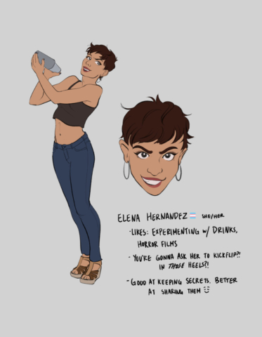 A character design sheet of a Latina trans woman shaking a cocktail shaker.