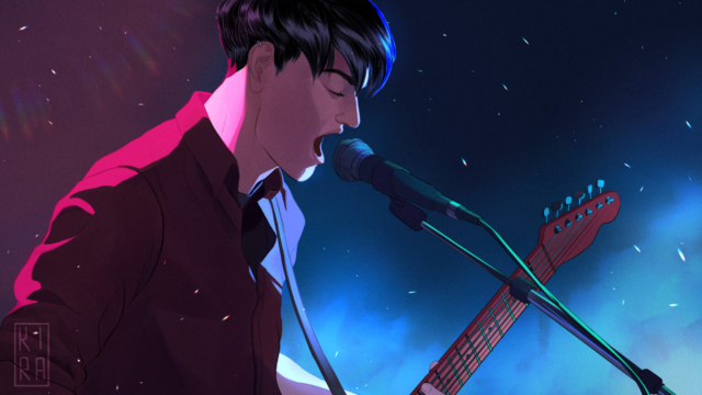 A painting of Daniel singing into a microphone on stage, bathed in pink and blue light.