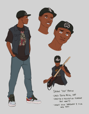 A character design sheet of a young Black man in a denim vest and various black caps.