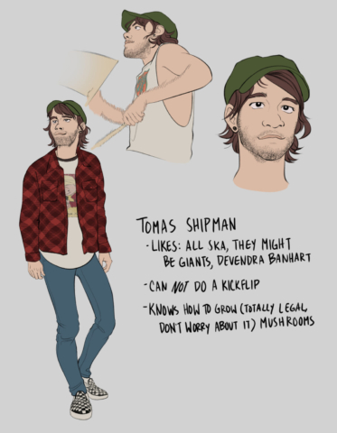 A character design sheet of a guy with shaggy brown hair and checkered Vans.