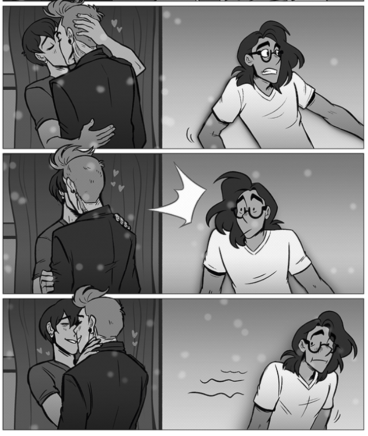 Part of a comic page from the webcomic B-SIDE You by Kaycie D. It features three panels, all colored in grayscale. Denver and Daniel from Keeping Time are making out, completely lovey-dovey and oblivious to Alden, the B-SIDE You protagonist, who stumbles onto them and leaves with a meek expression.