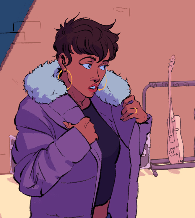 A panel featuring Elena putting on a winter puffer.