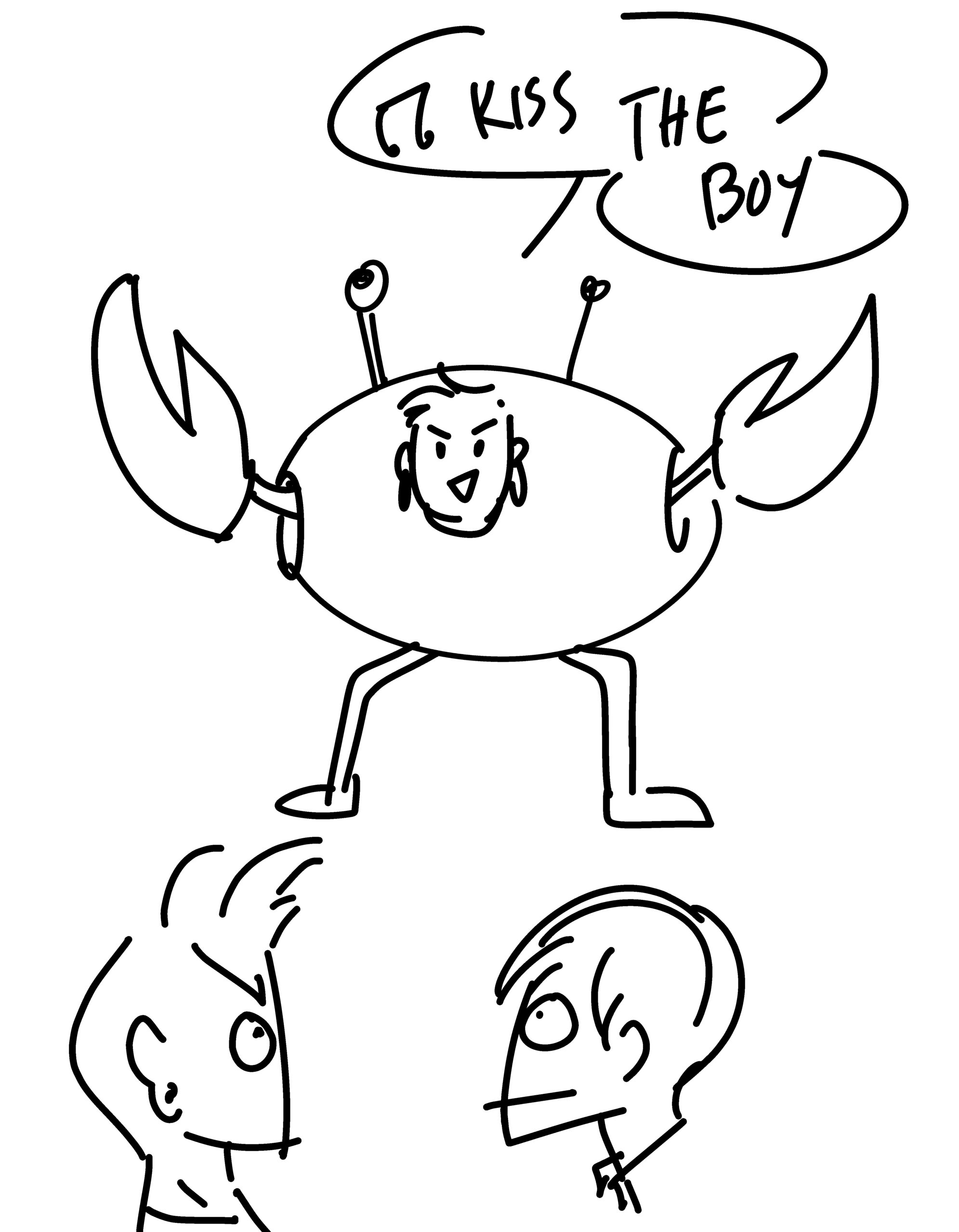 A very bad drawing of Elena in a full body crab suit, like a mascot costume, going "Kiss the boy"